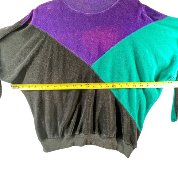Vtg Velour Leisure Blouse Top Track Suit Colorblock Lg Black Purple Green USA - Picture 5 of 7